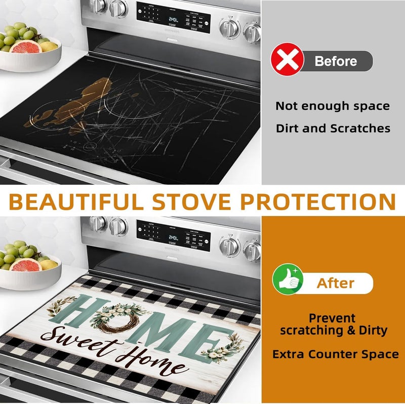 WRTCPOC Home Sweet Home Glass Stove Top Cover Protector – Vintage Glass Cooktop Protector,Buffalo Check Cooktop Mat for Ceramic Countertop Mats Electric Stove Cover Festive Decor - Image 5